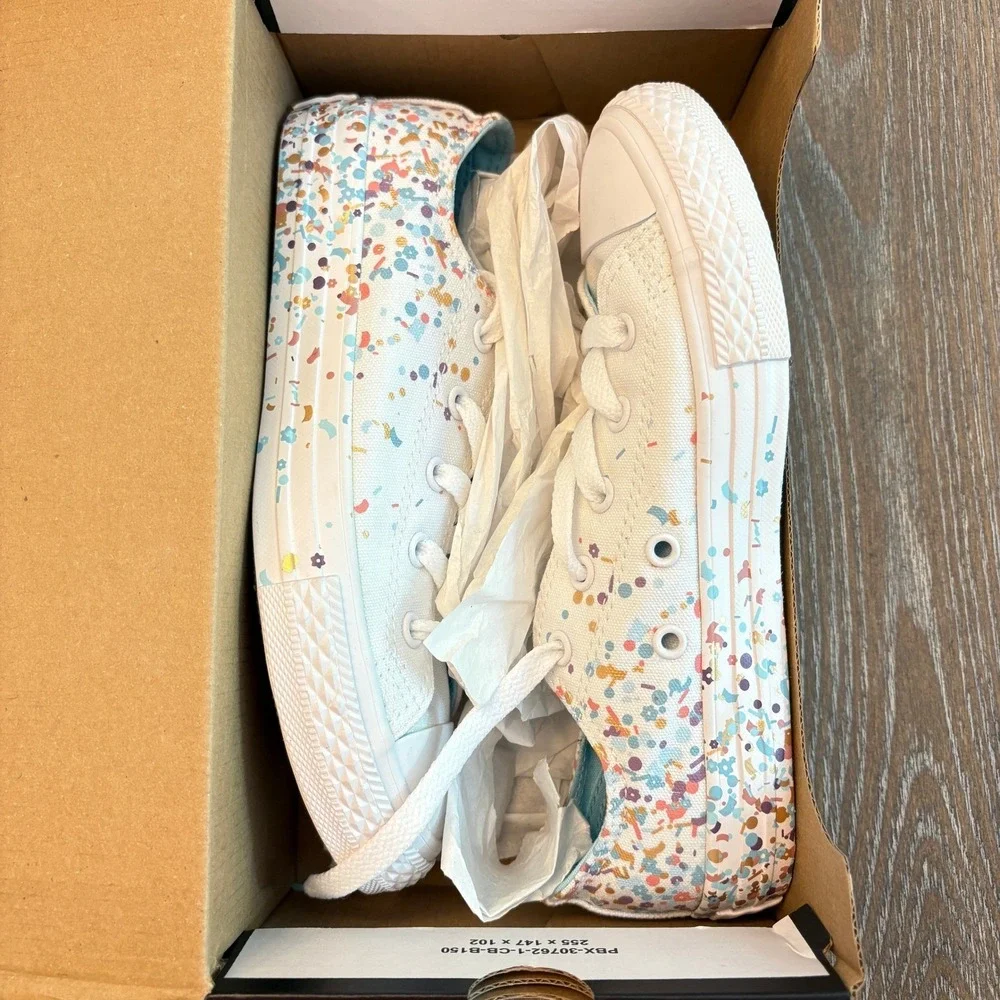 Converse Junior Size 2 All Star Low‎ Top Confetti Sneakers White Cyan